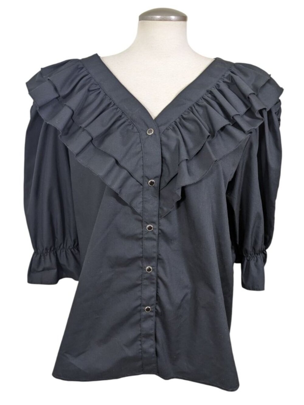Mondiki Black Ruffled Square Dance Blouse Top Size XL Ruched Puff Sleeve Snaps